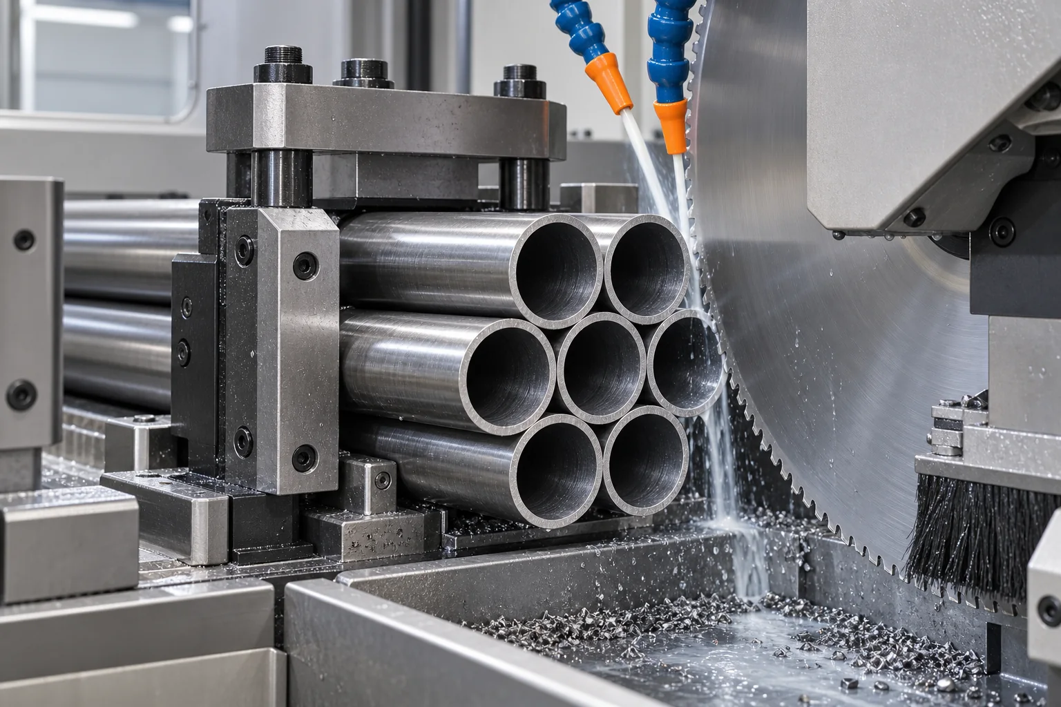 Illustration of seven steel tubes firmly clamped for bundle cutting with a circular saw blade, coolant nozzles and chip brush