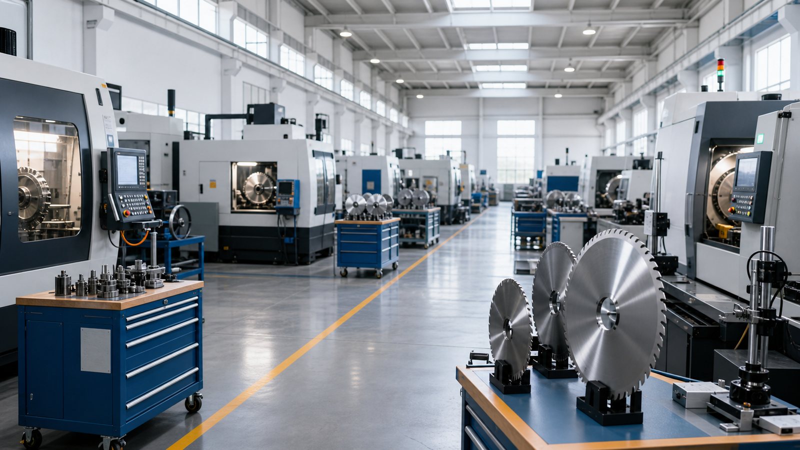 Modern saw blade manufacturing workshop for quality control